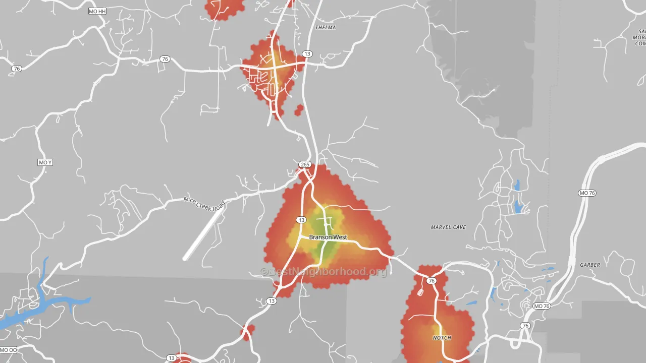 Walk Grade map of Branson West, MO, walkable areas in green and car-dependent areas in red
