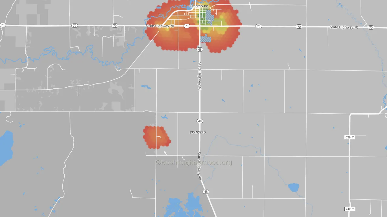 Walk Grade map of Branstad, WI, walkable areas in green and car-dependent areas in red