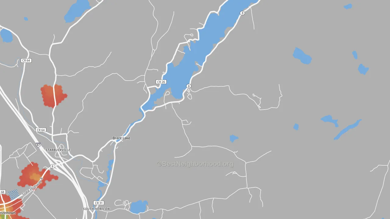 Walk Grade map of Brant Lake, NY, walkable areas in green and car-dependent areas in red