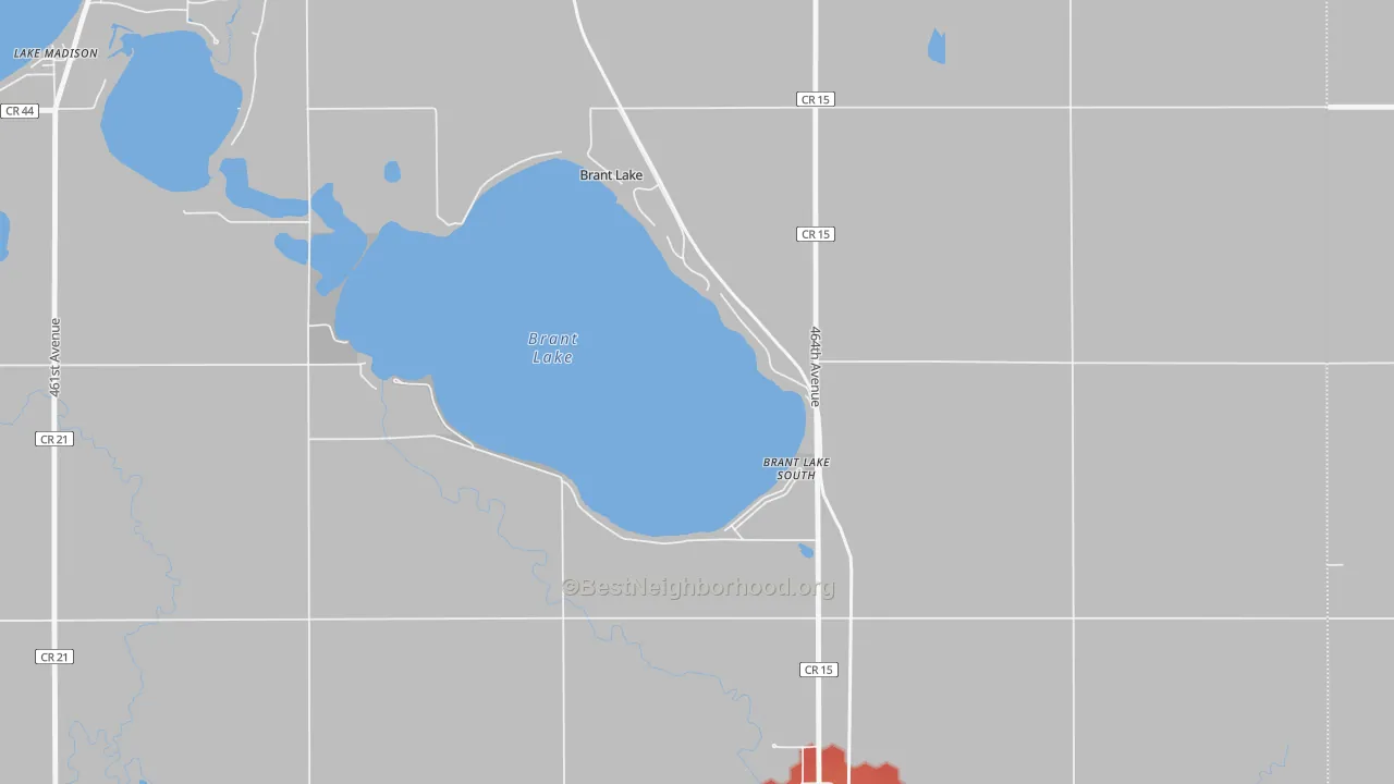 Walk Grade map of Brant Lake, SD, walkable areas in green and car-dependent areas in red