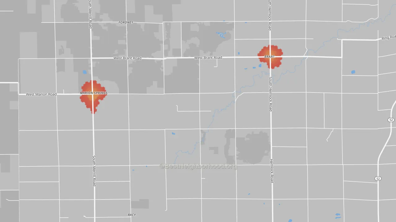 Walk Grade map of Brant, MI, walkable areas in green and car-dependent areas in red