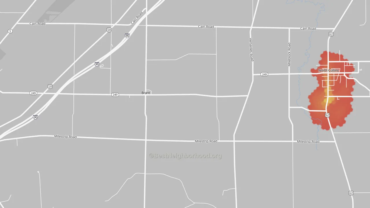Walk Grade map of Brant, NY, walkable areas in green and car-dependent areas in red