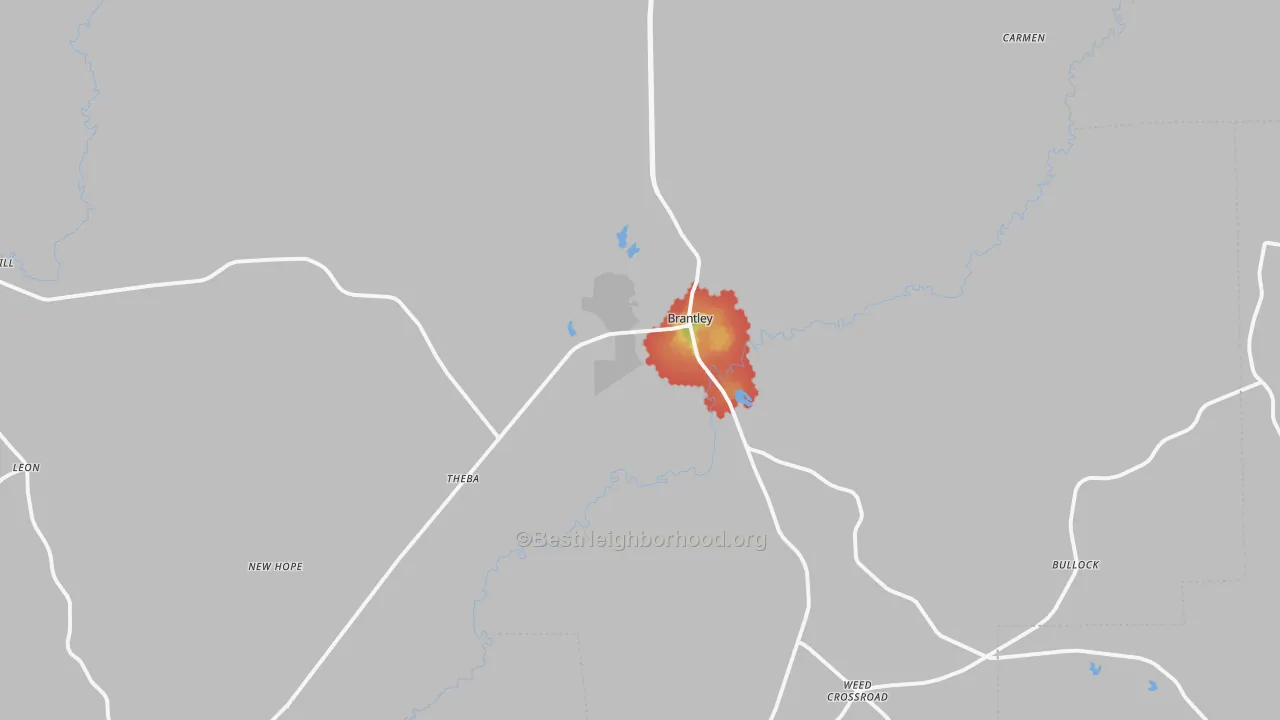 Walk Grade map of Brantley, AL, walkable areas in green and car-dependent areas in red