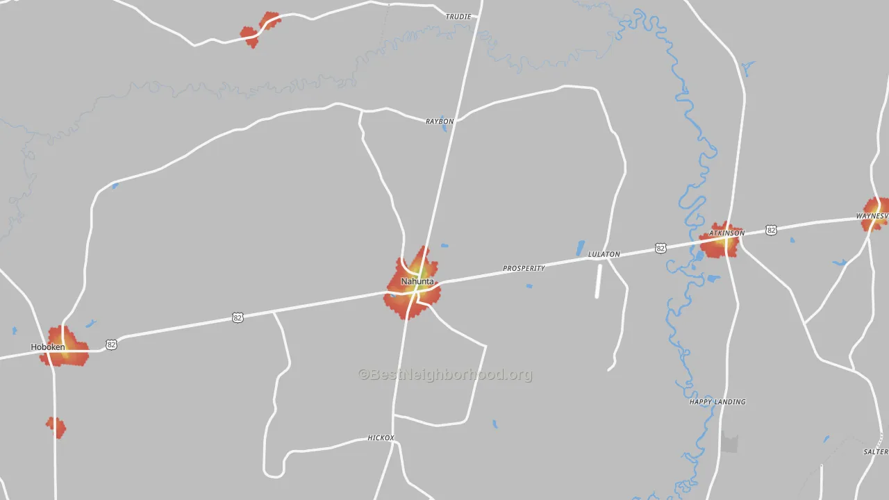 Walk Grade map of Brantley County, GA, walkable areas in green and car-dependent areas in red