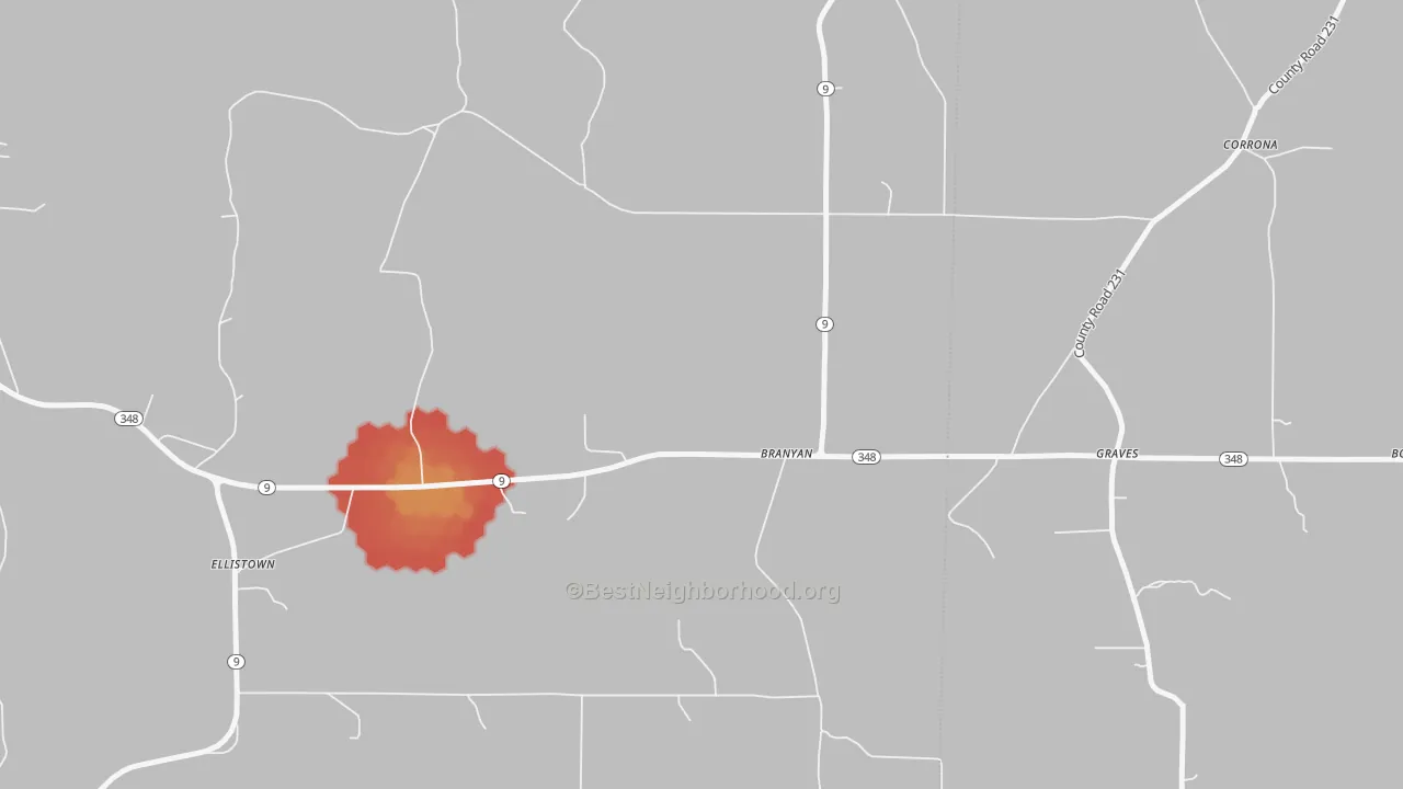 Walk Grade map of Branyan, MS, walkable areas in green and car-dependent areas in red