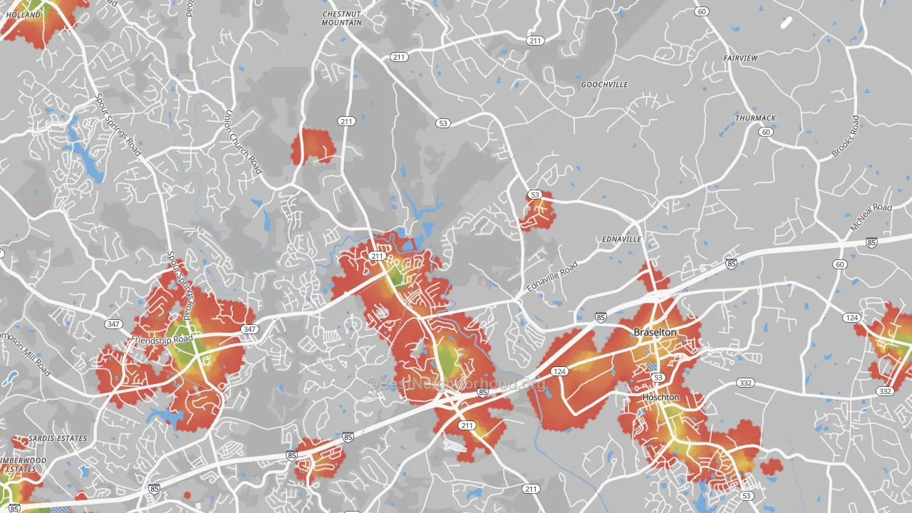 Walk Grade map of Braselton, GA, walkable areas in green and car-dependent areas in red