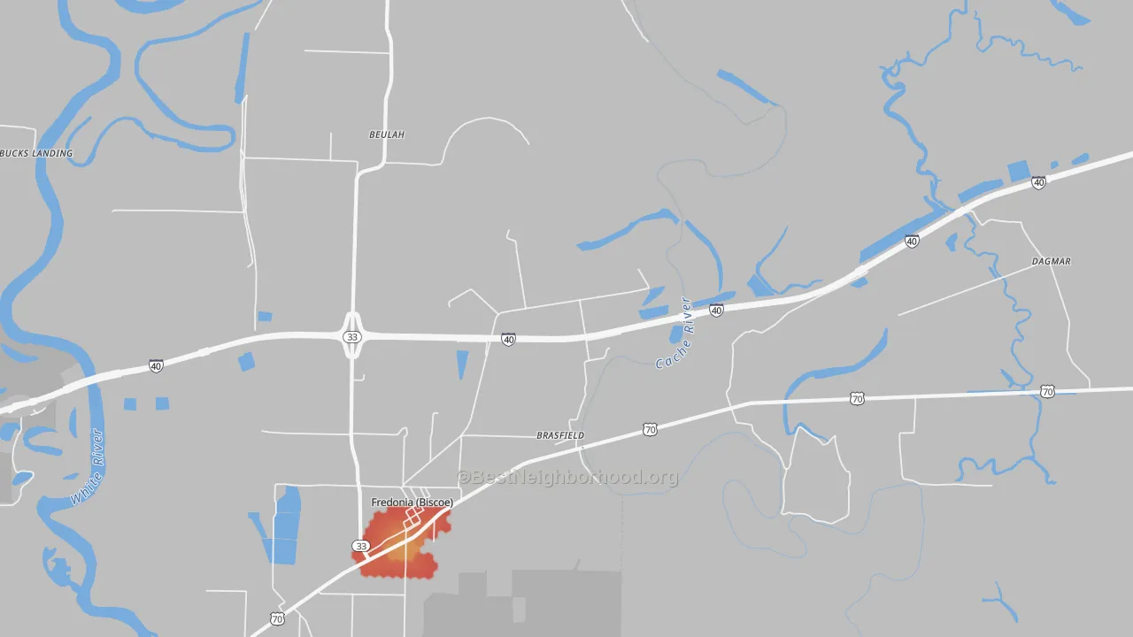 Walk Grade map of Brasfield, AR, walkable areas in green and car-dependent areas in red