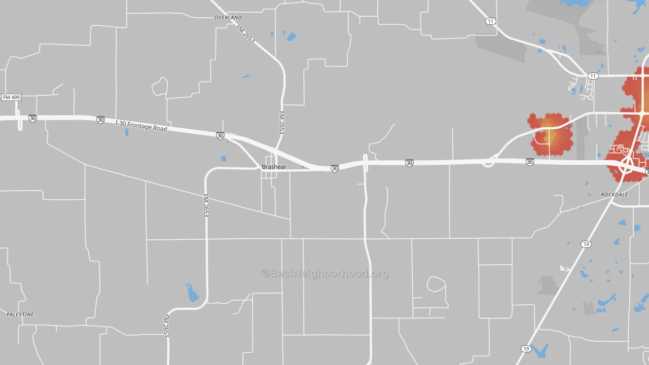 Walk Grade map of Brashear, TX, walkable areas in green and car-dependent areas in red