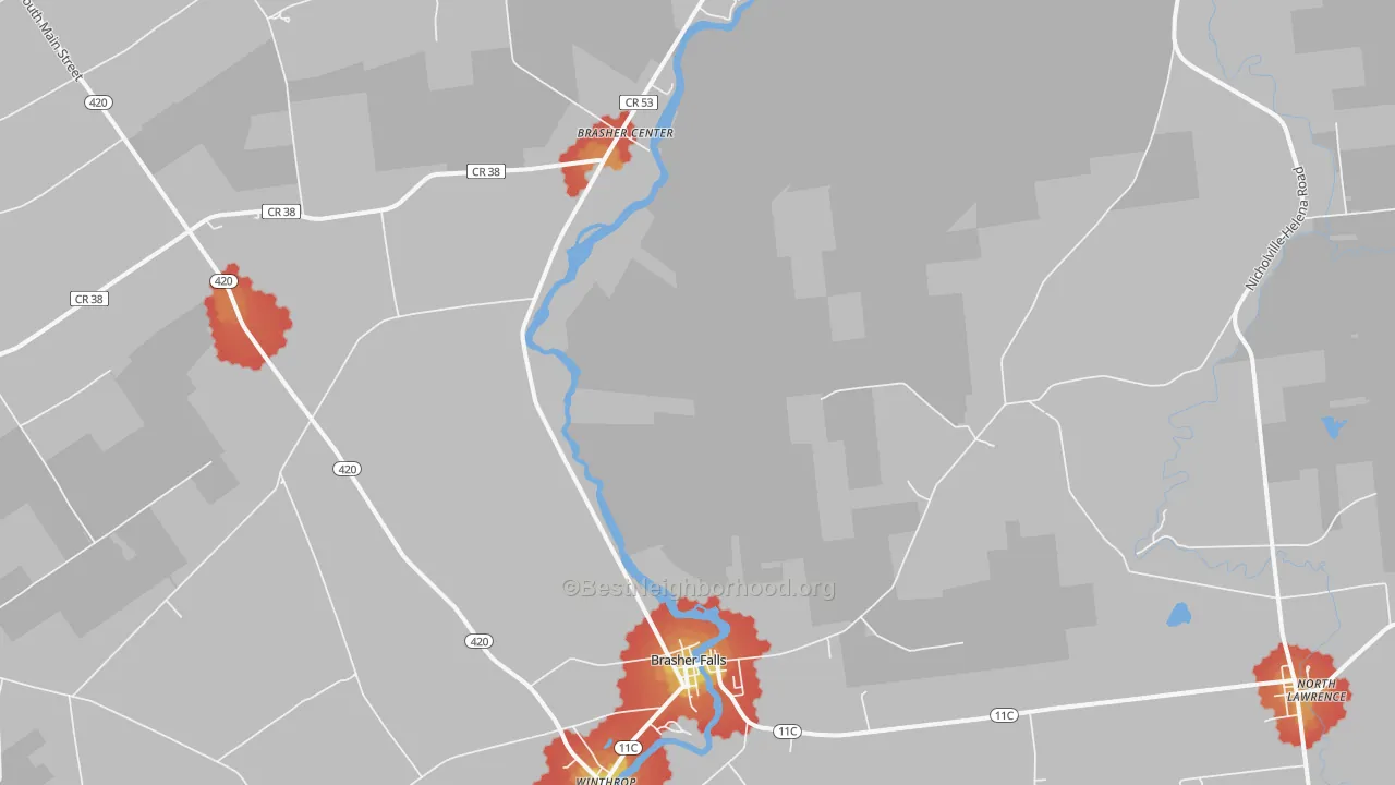 Walk Grade map of Brasher Falls, NY, walkable areas in green and car-dependent areas in red