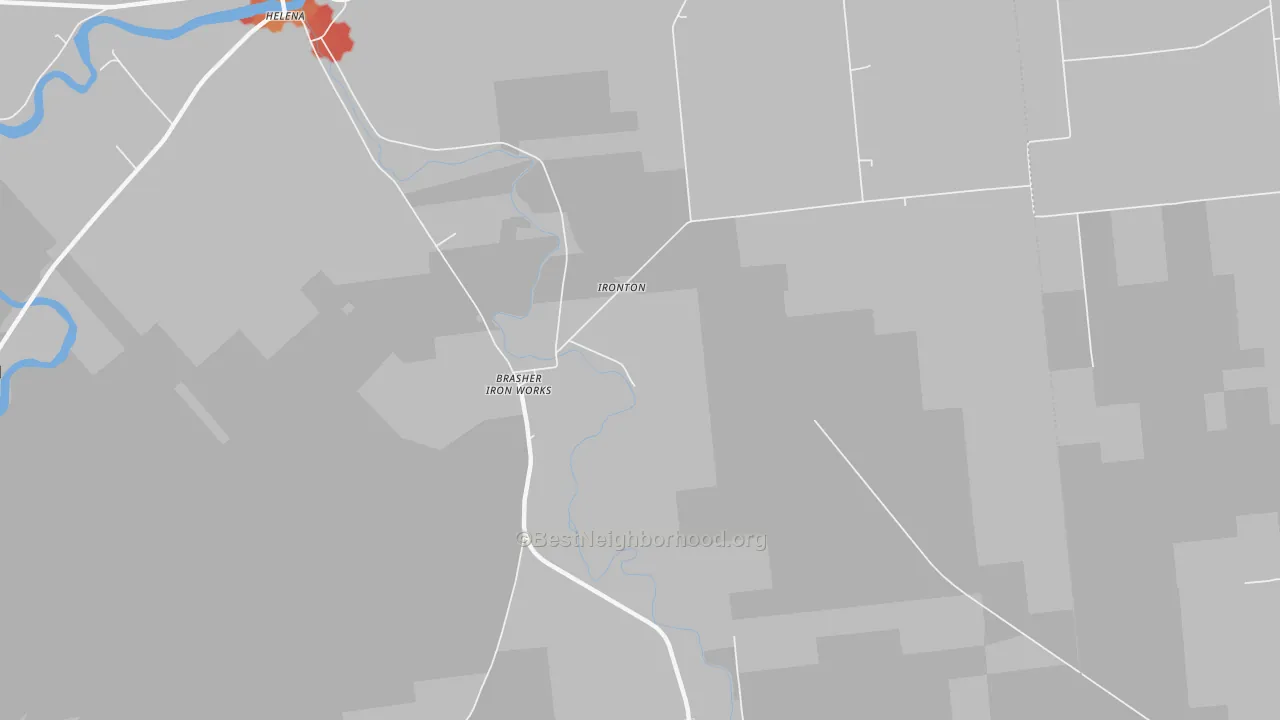 Walk Grade map of Brasher Iron Works, NY, walkable areas in green and car-dependent areas in red