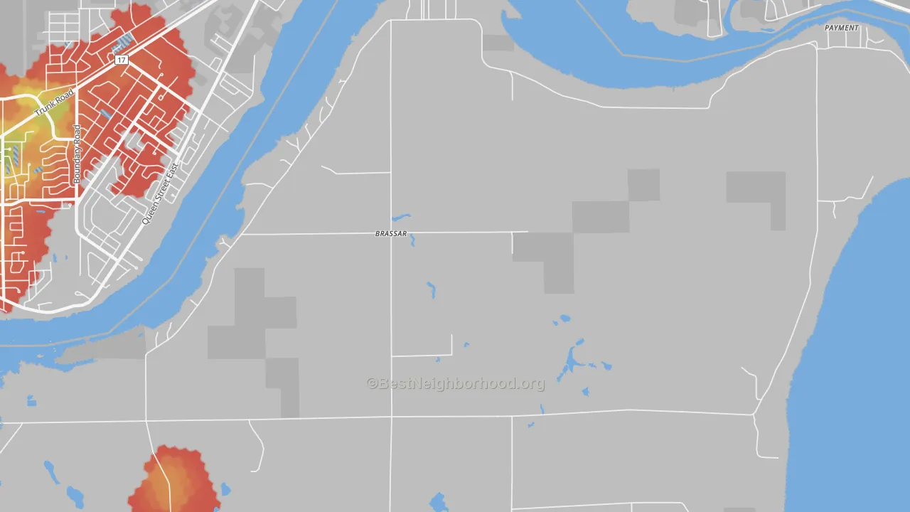 Walk Grade map of Brassar, MI, walkable areas in green and car-dependent areas in red