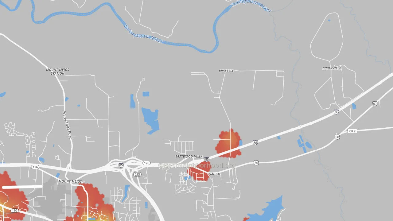 Walk Grade map of Brassell, AL, walkable areas in green and car-dependent areas in red