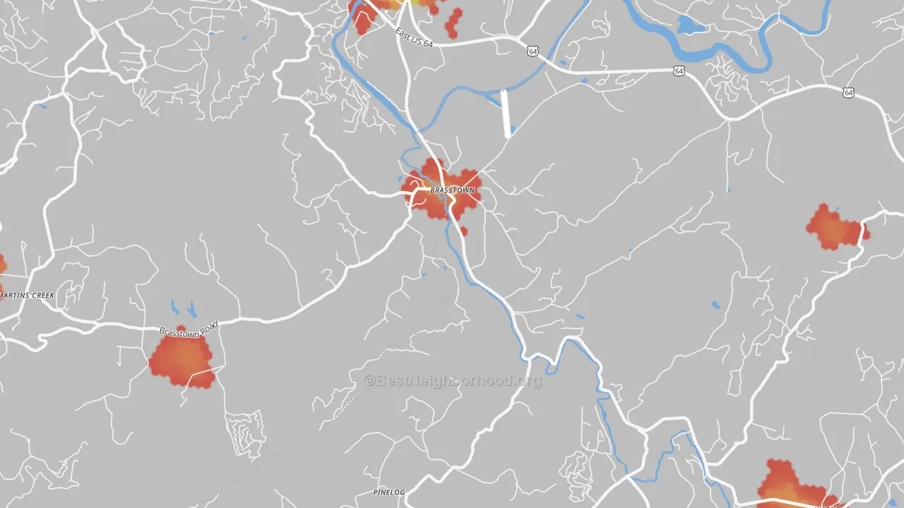 Walk Grade map of Brasstown, NC, walkable areas in green and car-dependent areas in red