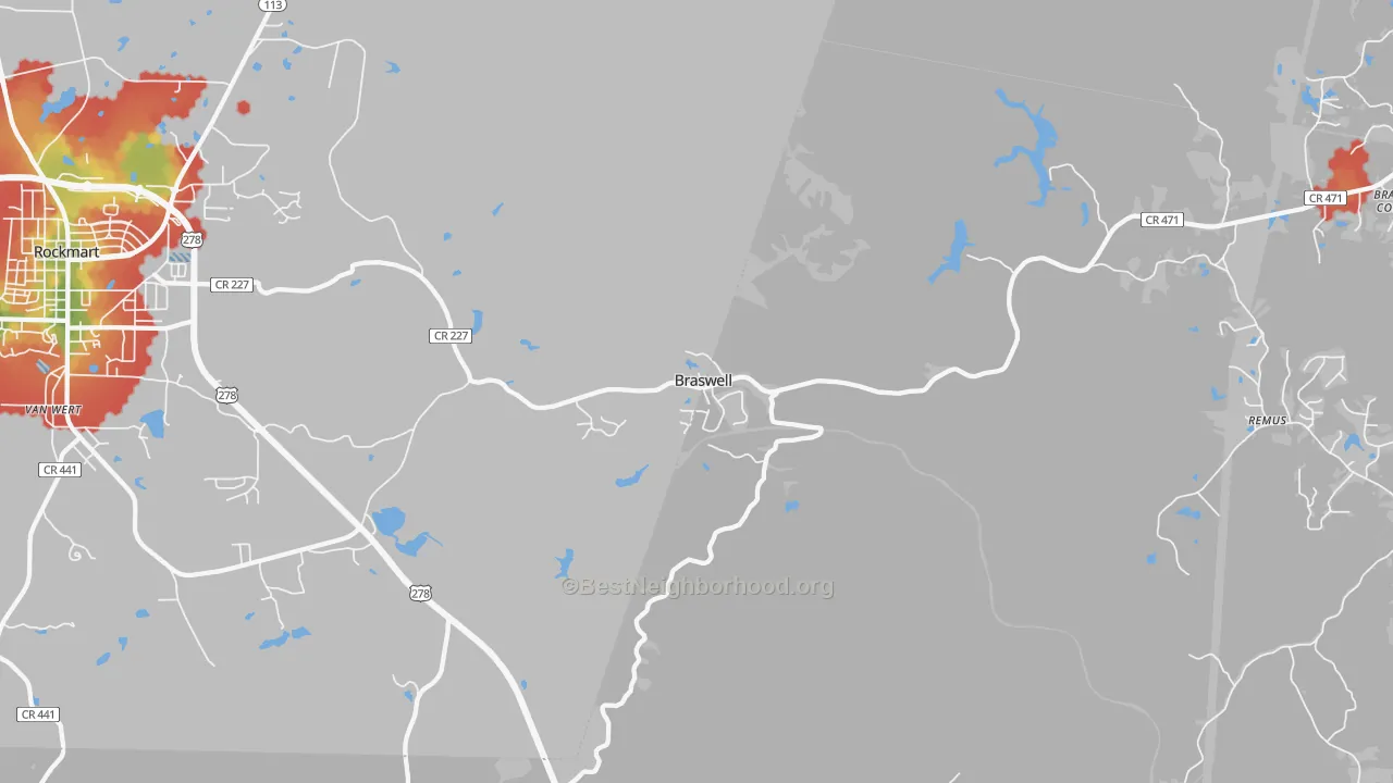 Walk Grade map of Braswell, GA, walkable areas in green and car-dependent areas in red