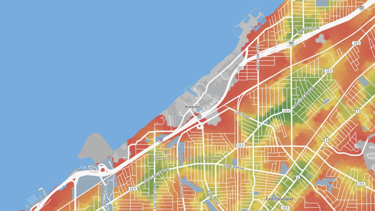 Walk Grade map of Bratenahl, OH, walkable areas in green and car-dependent areas in red