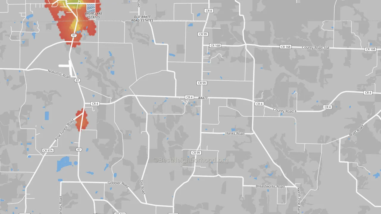 Walk Grade map of Bratt, FL, walkable areas in green and car-dependent areas in red