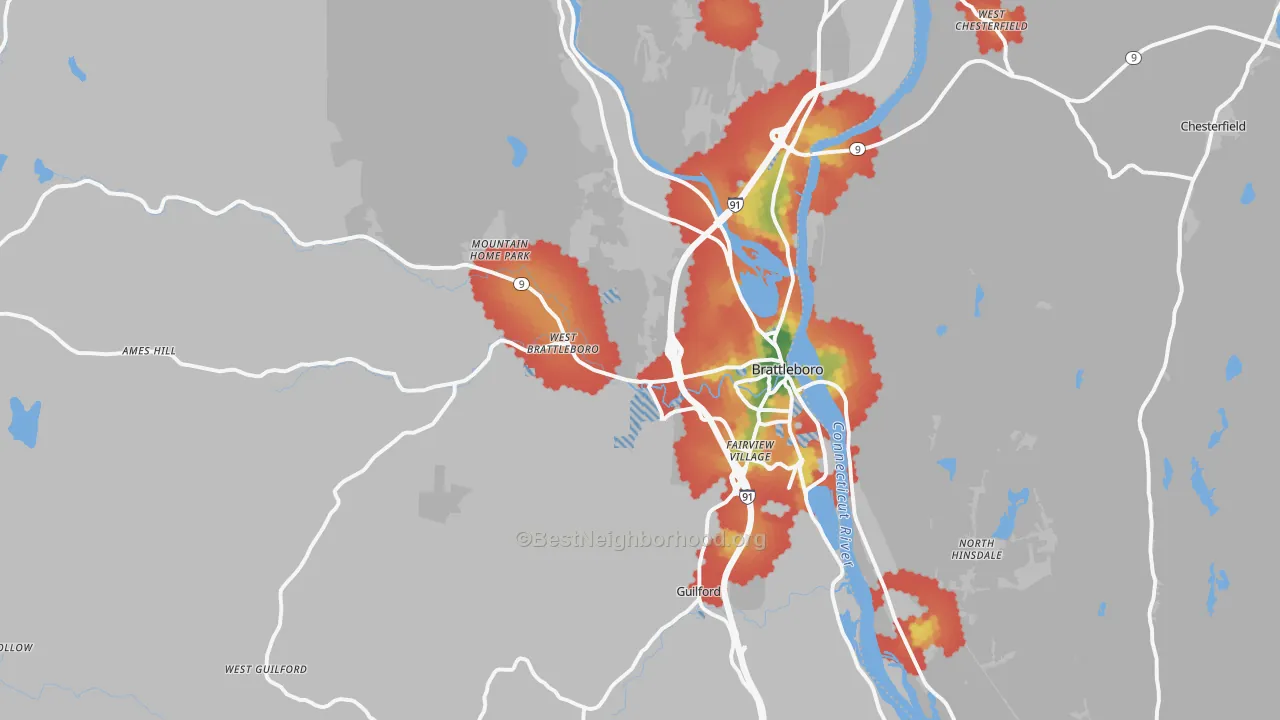 Walk Grade map of Brattleboro, VT, walkable areas in green and car-dependent areas in red