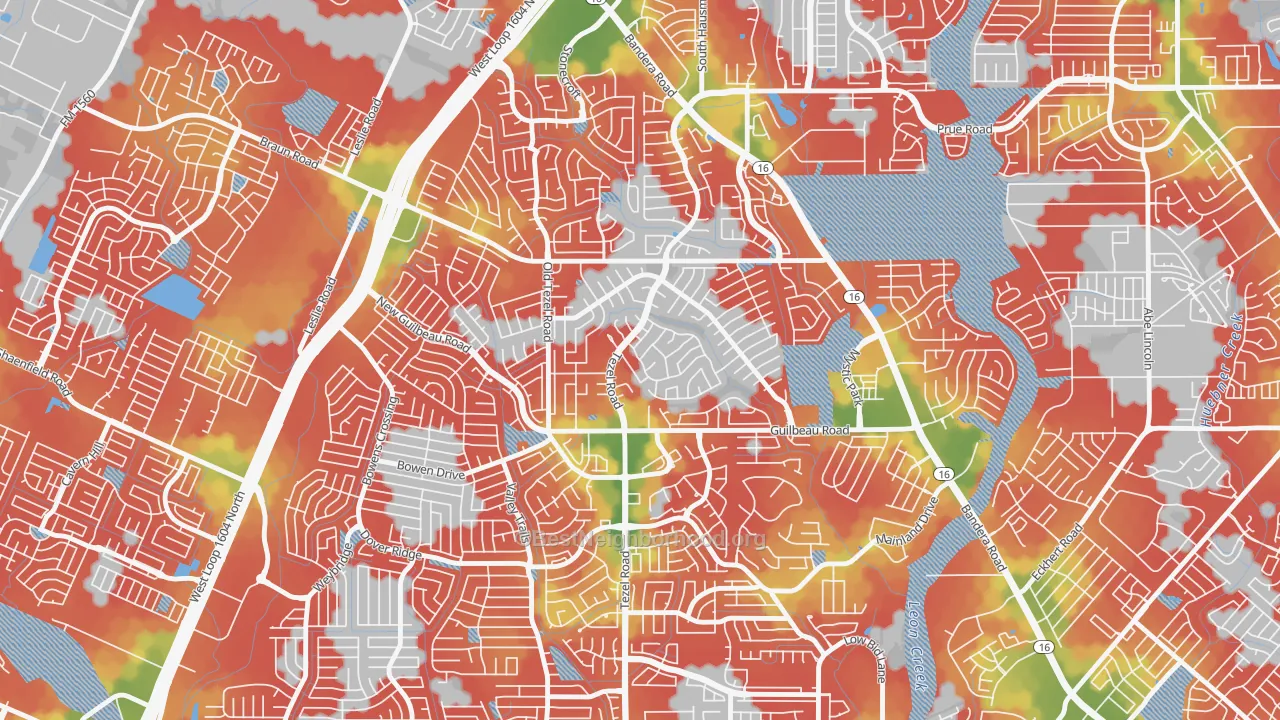 Walk Grade map of Braun Station West, San Antonio, TX, walkable areas in green and car-dependent areas in red