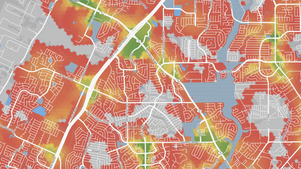 Walk Grade map of Braun's Farm, San Antonio, TX, walkable areas in green and car-dependent areas in red