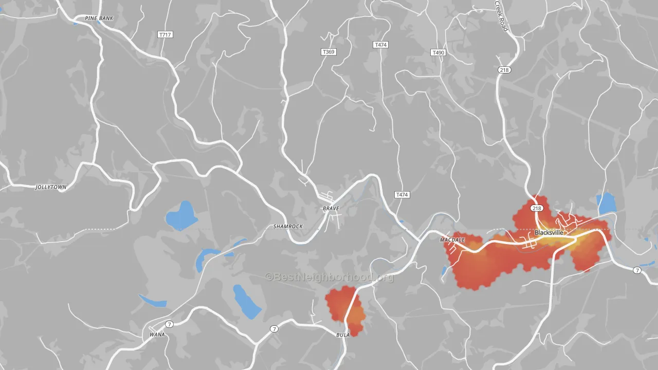 Walk Grade map of Brave, PA, walkable areas in green and car-dependent areas in red