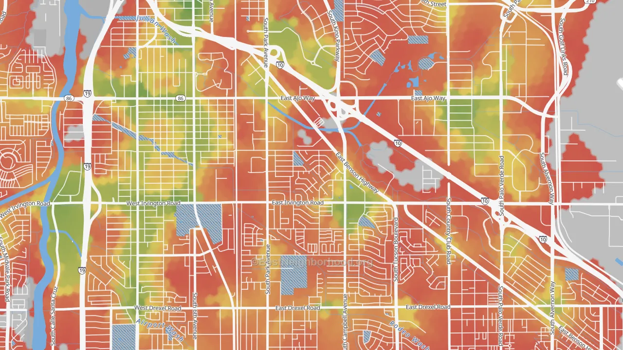 Walk Grade map of Bravo Park Lane, Tucson, AZ, walkable areas in green and car-dependent areas in red
