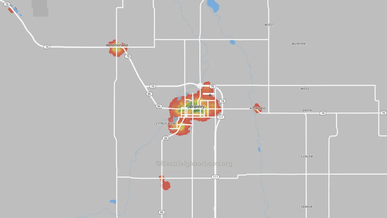 Walk Grade map of Brawley, CA, walkable areas in green and car-dependent areas in red