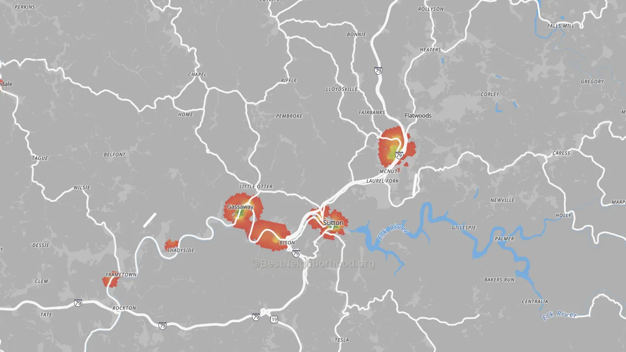 Walk Grade map of Braxton County, WV, walkable areas in green and car-dependent areas in red