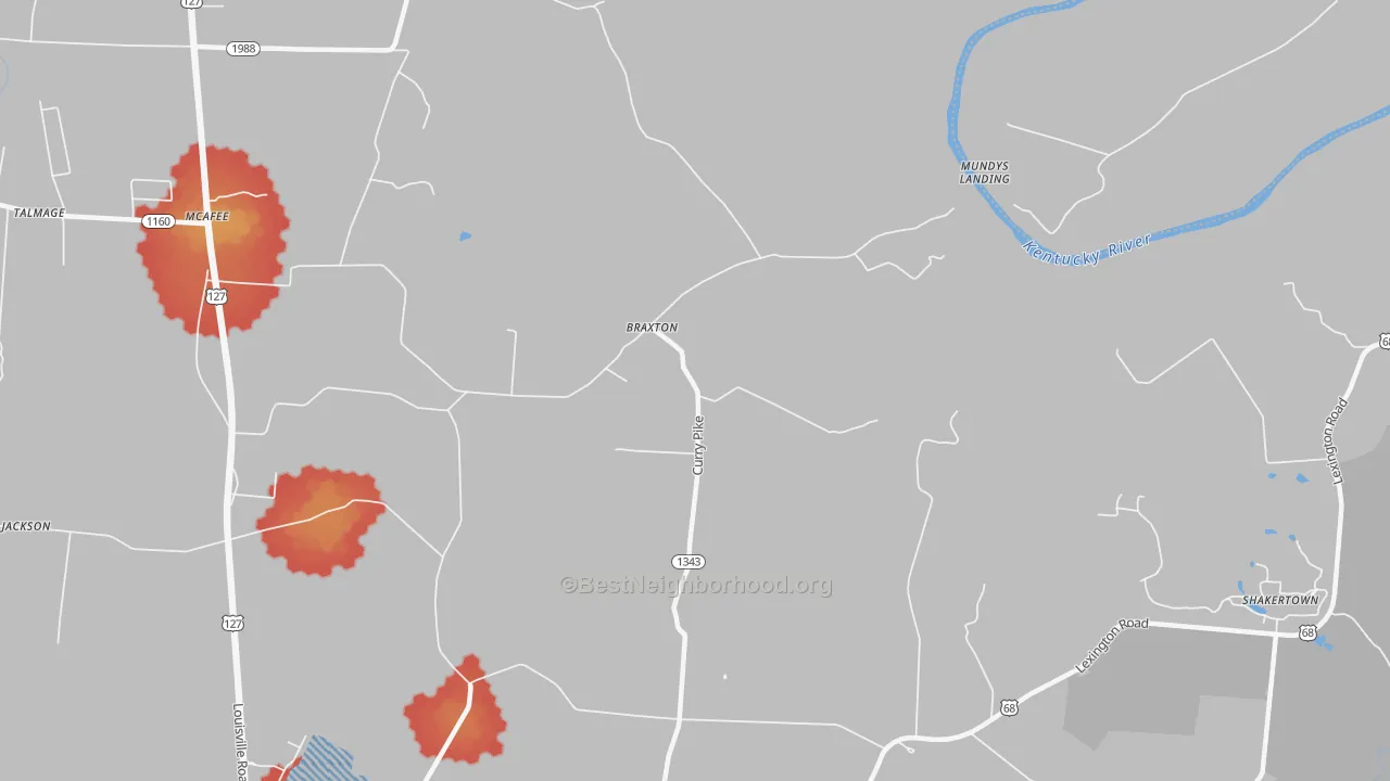 Walk Grade map of Braxton, KY, walkable areas in green and car-dependent areas in red
