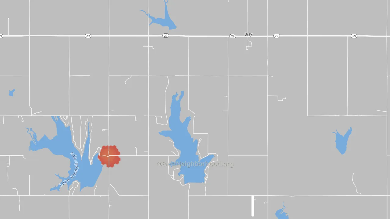 Walk Grade map of Bray, OK, walkable areas in green and car-dependent areas in red