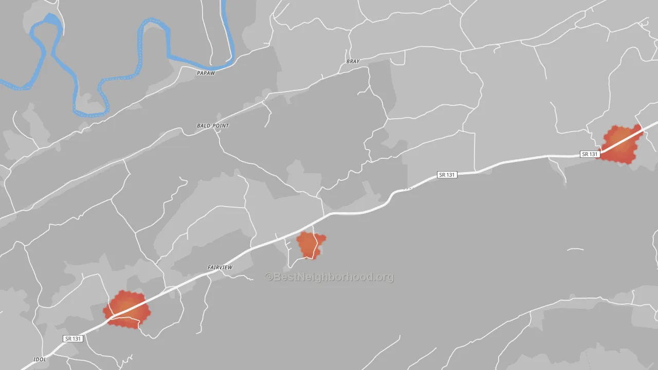 Walk Grade map of Bray, TN, walkable areas in green and car-dependent areas in red