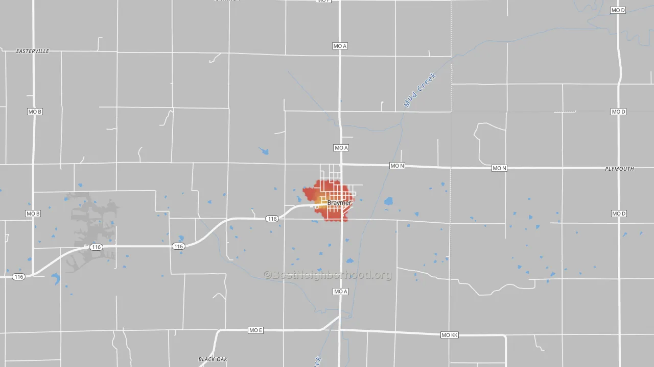 Walk Grade map of Braymer, MO, walkable areas in green and car-dependent areas in red