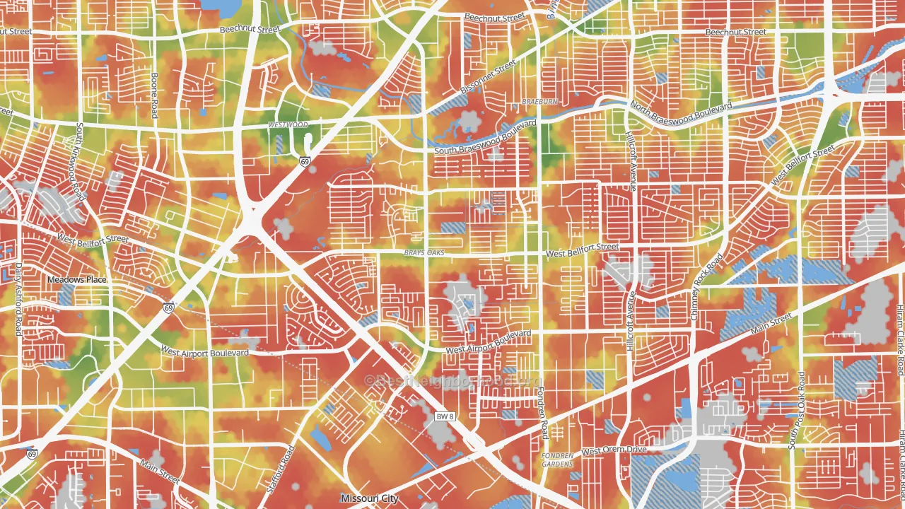 Walk Grade map of Brays Oaks, Houston, TX, walkable areas in green and car-dependent areas in red