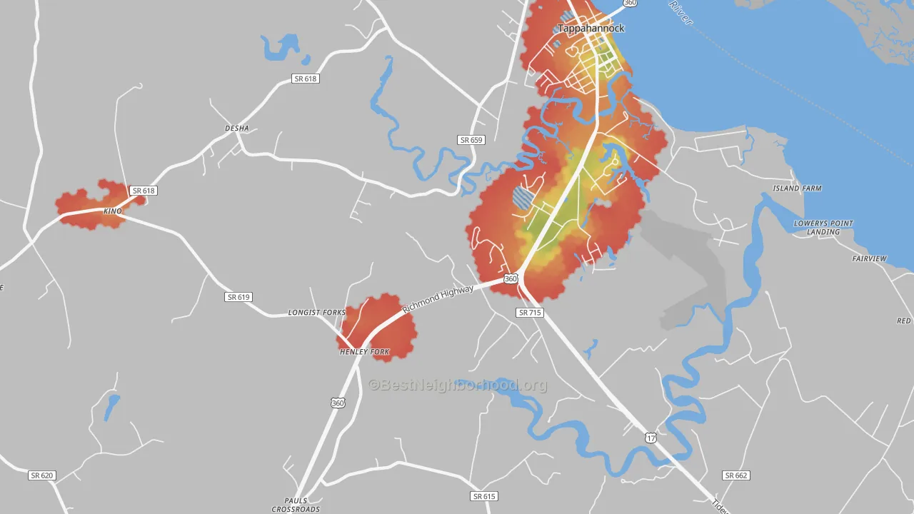 Walk Grade map of Brays, VA, walkable areas in green and car-dependent areas in red