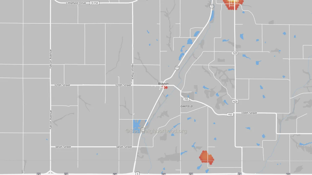 Walk Grade map of Brayton, IA, walkable areas in green and car-dependent areas in red