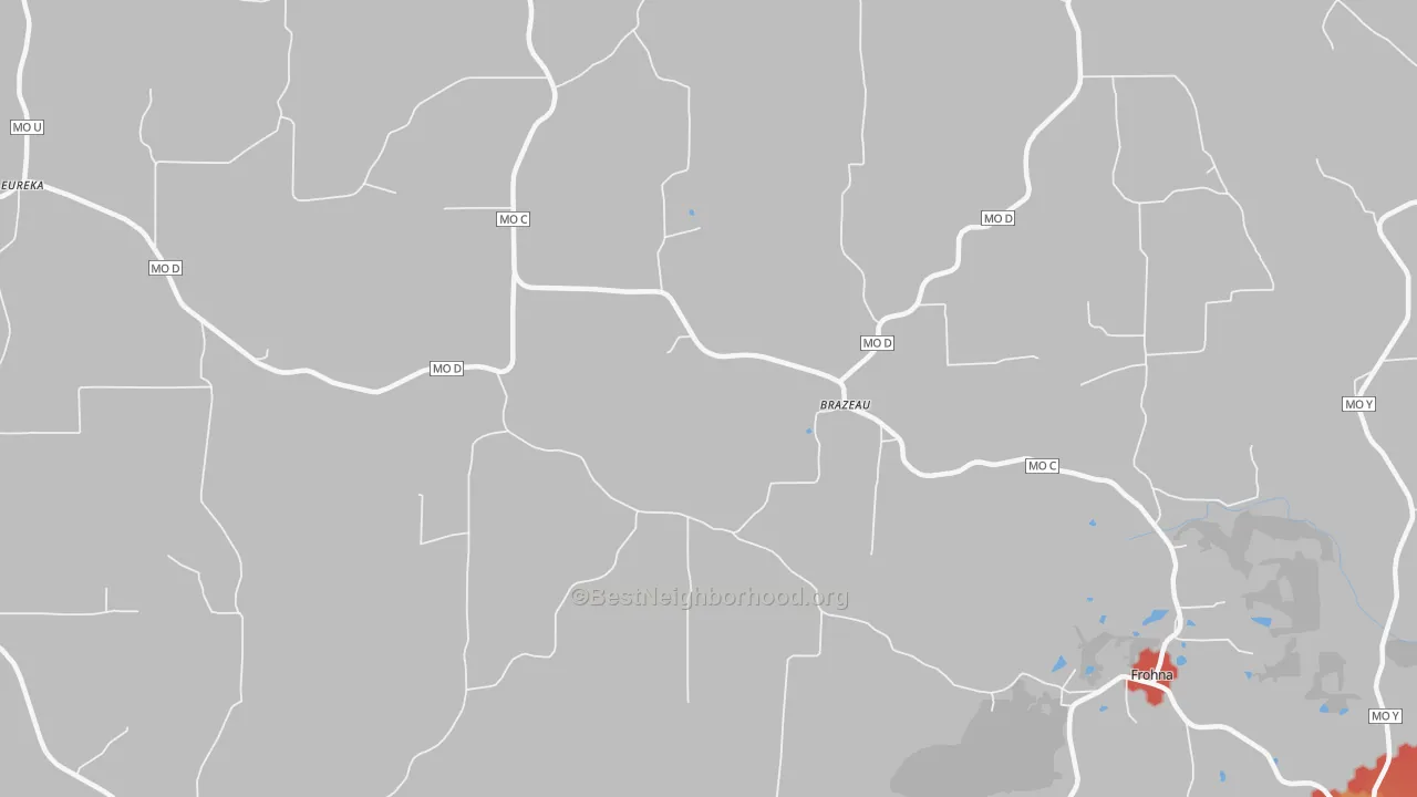 Walk Grade map of Brazeau, MO, walkable areas in green and car-dependent areas in red