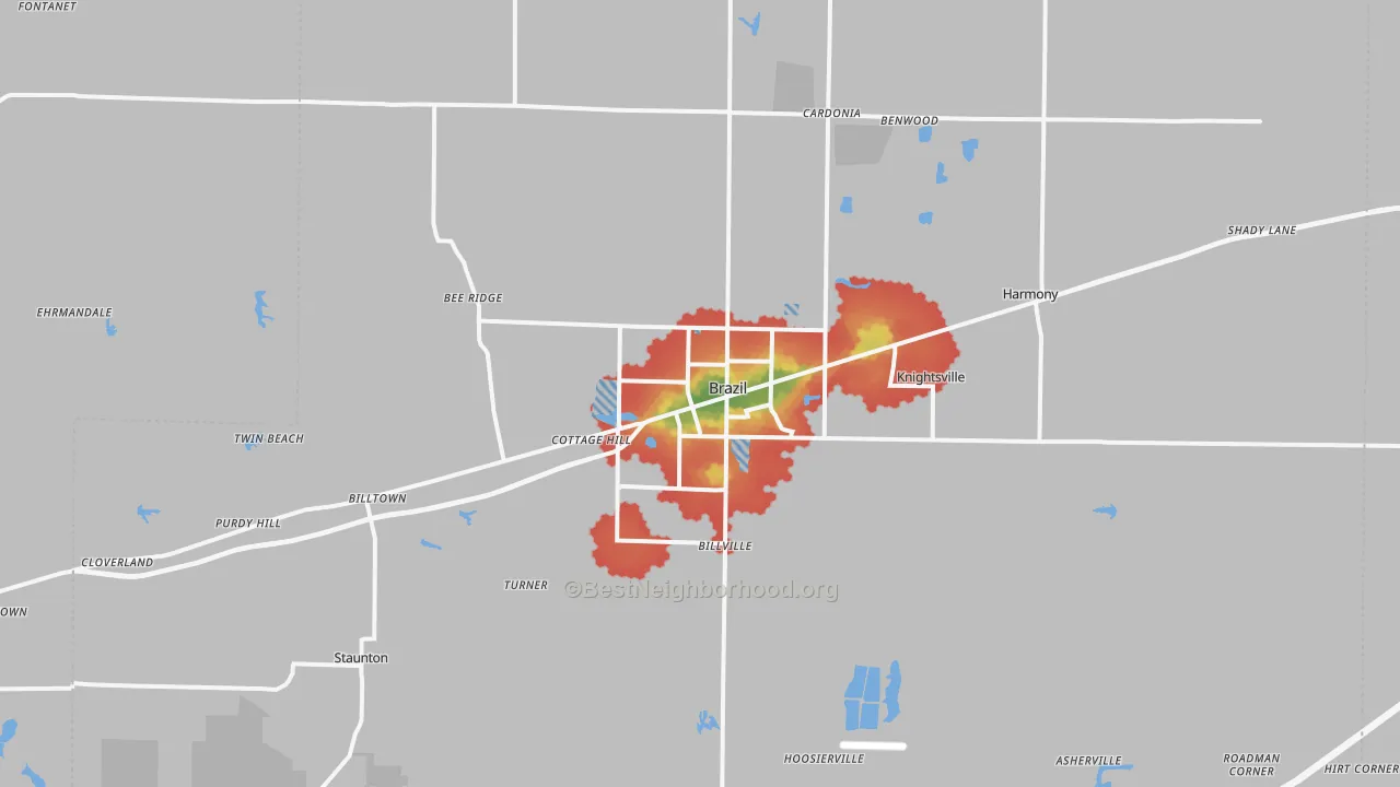 Walk Grade map of Brazil, IN, walkable areas in green and car-dependent areas in red