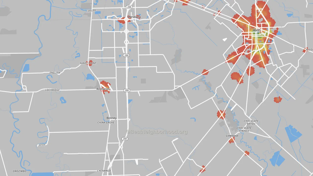 Walk Grade map of Brazoria County, TX, walkable areas in green and car-dependent areas in red