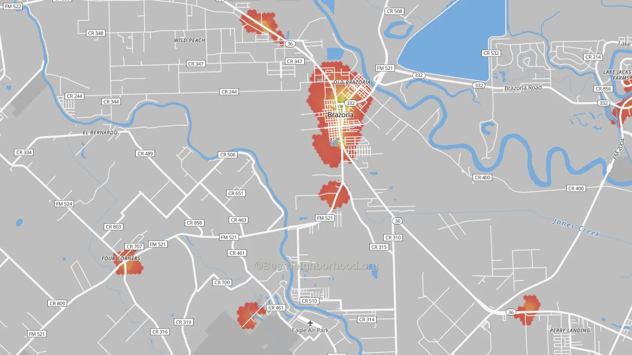 Walk Grade map of Brazoria, TX, walkable areas in green and car-dependent areas in red