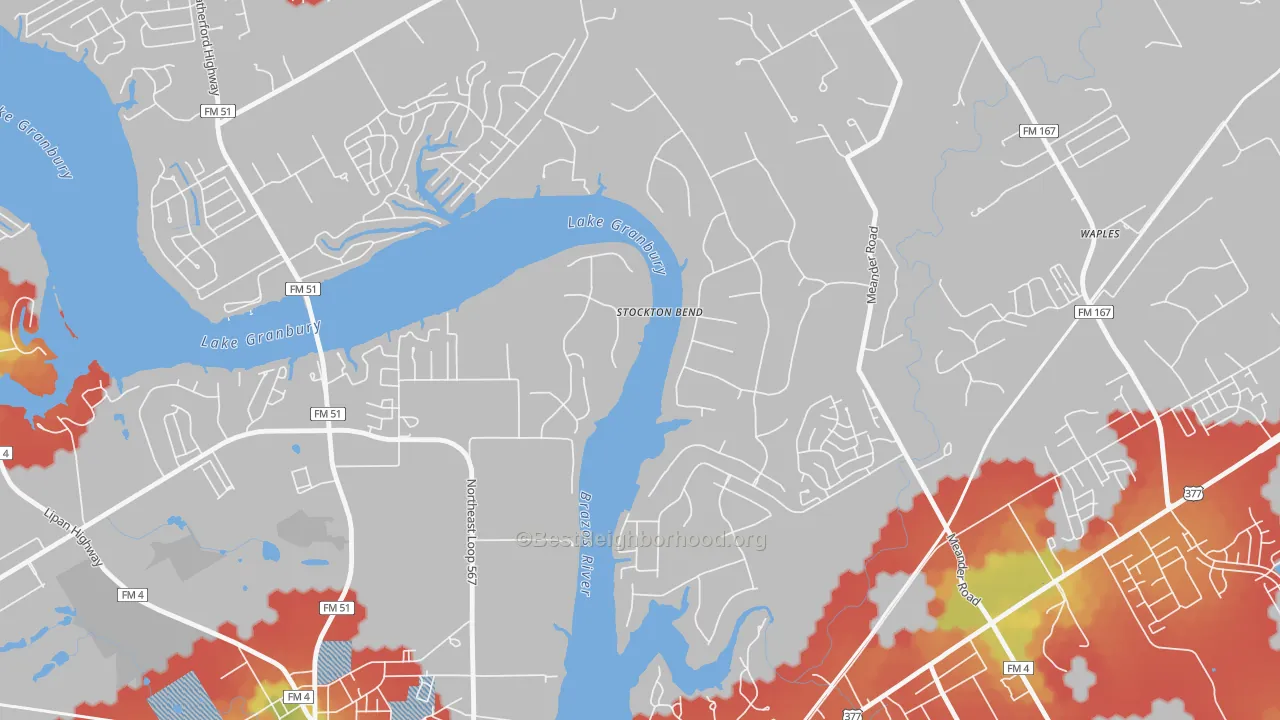 Walk Grade map of Brazos Bend, TX, walkable areas in green and car-dependent areas in red