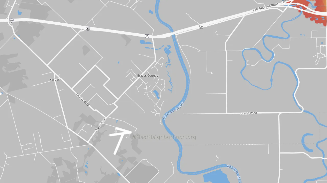 Walk Grade map of Brazos Country, TX, walkable areas in green and car-dependent areas in red