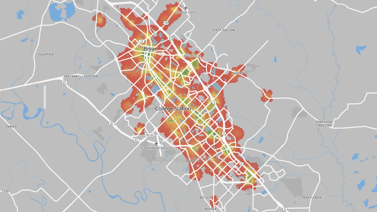 Walk Grade map of Brazos County, TX, walkable areas in green and car-dependent areas in red
