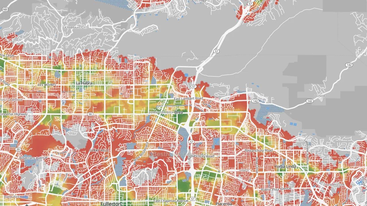 Walk Grade map of Brea, CA, walkable areas in green and car-dependent areas in red