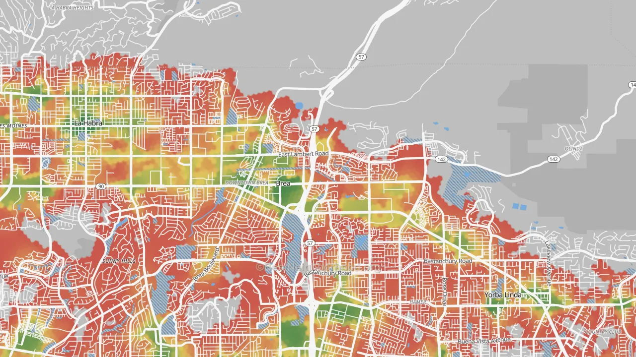 Walk Grade map of Brea-Olinda, Brea, CA, walkable areas in green and car-dependent areas in red