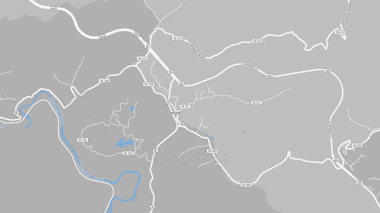 Walk Grade map of Breaks, VA, walkable areas in green and car-dependent areas in red