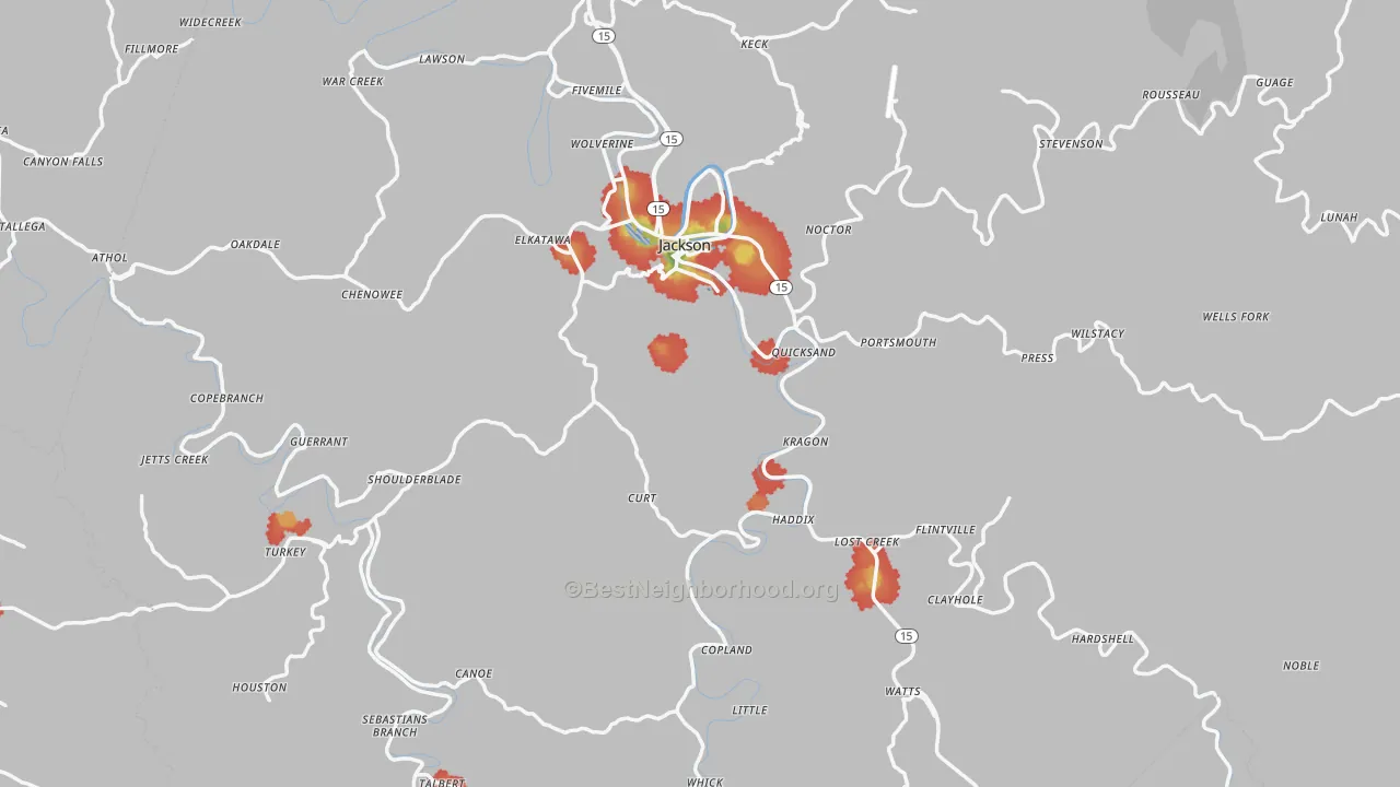 Walk Grade map of Breathitt County, KY, walkable areas in green and car-dependent areas in red