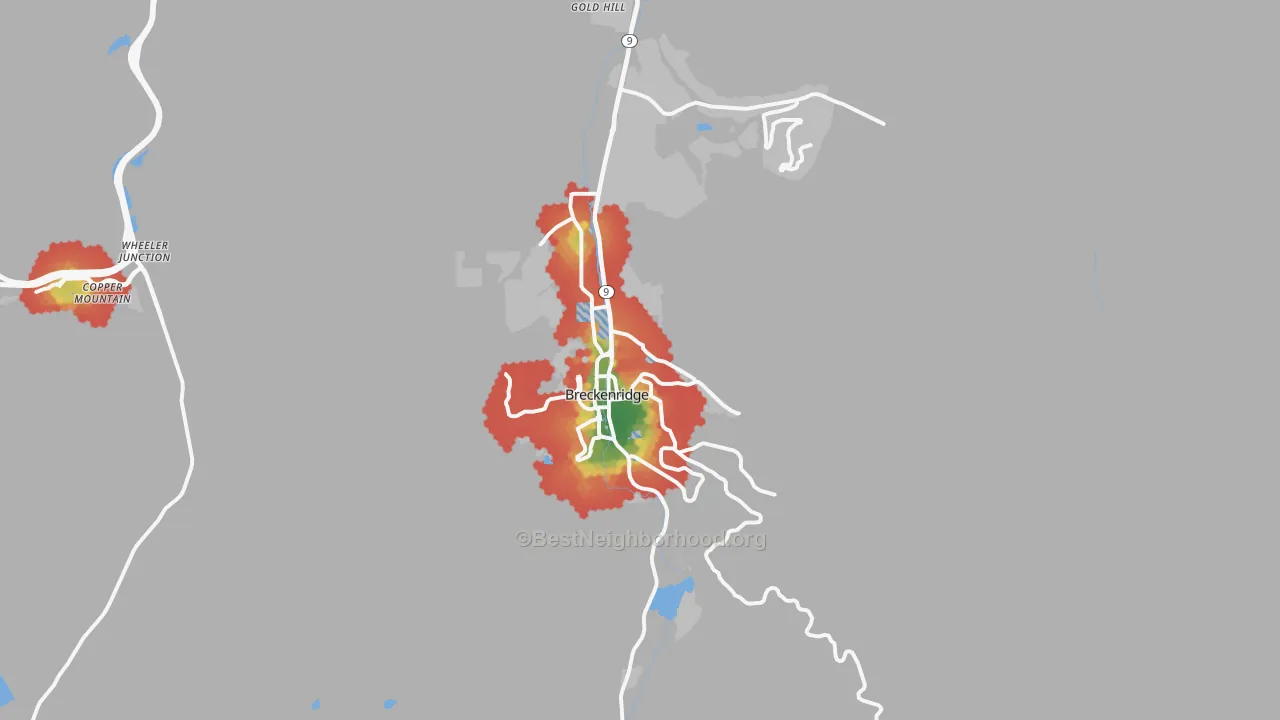Walk Grade map of Breckenridge, CO, walkable areas in green and car-dependent areas in red