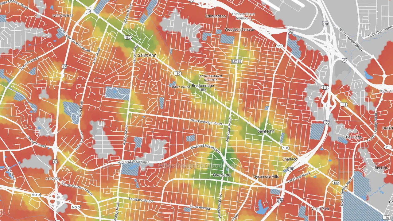 Walk Grade map of Breckenridge Hills, MO, walkable areas in green and car-dependent areas in red