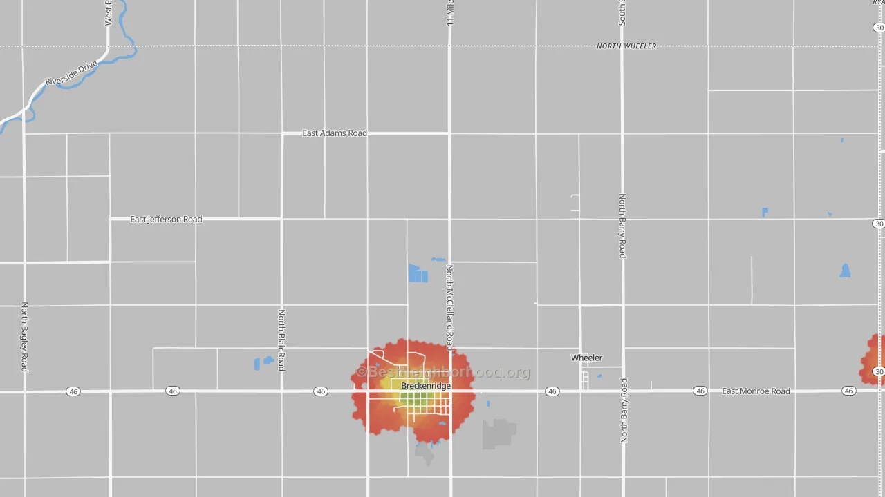 Walk Grade map of Breckenridge, MI, walkable areas in green and car-dependent areas in red