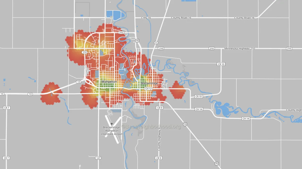 Walk Grade map of Breckenridge, MN, walkable areas in green and car-dependent areas in red