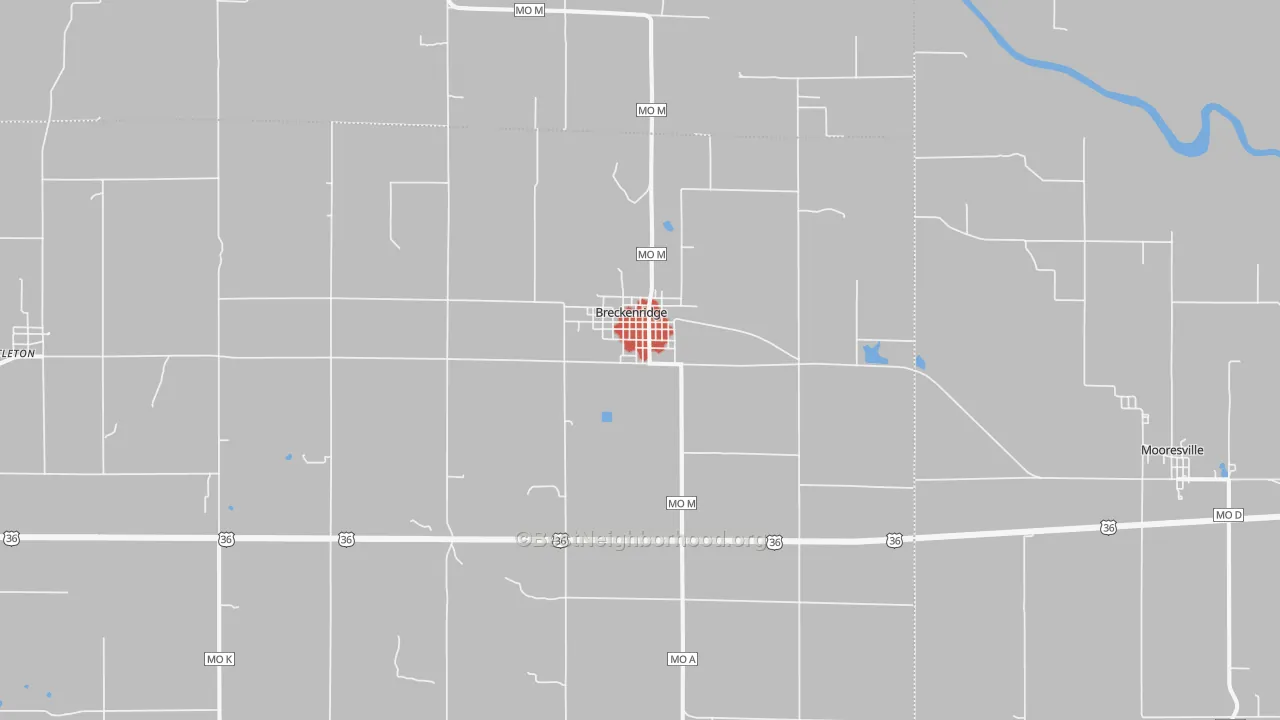 Walk Grade map of Breckenridge, MO, walkable areas in green and car-dependent areas in red
